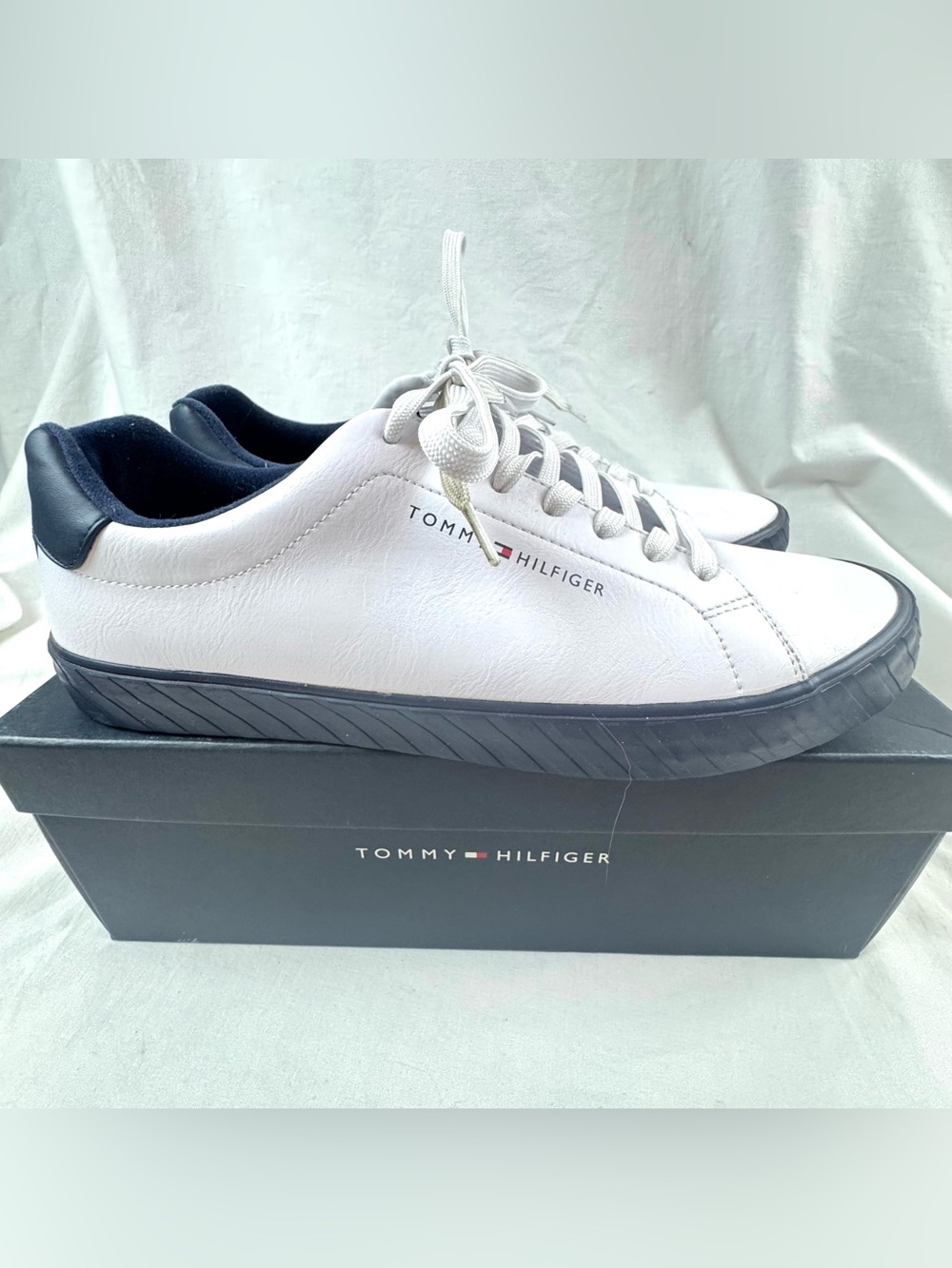 Tommy Hilfiger White PU Leather Sneakers with Navy Blue Trim